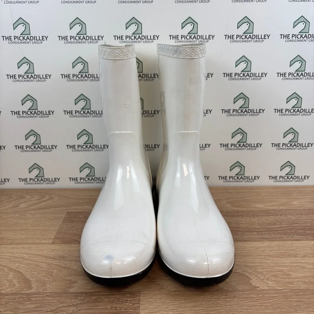 UGG White Rain Boots Women's Size 11 Mid Calf Waterproof‎ Rubber Lug Sole Shiny
